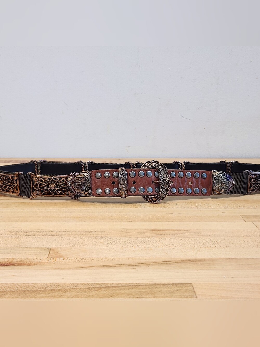 Vintage 90s Express Compagnie Internationale Belt Bronze Filigree Mesh Leather